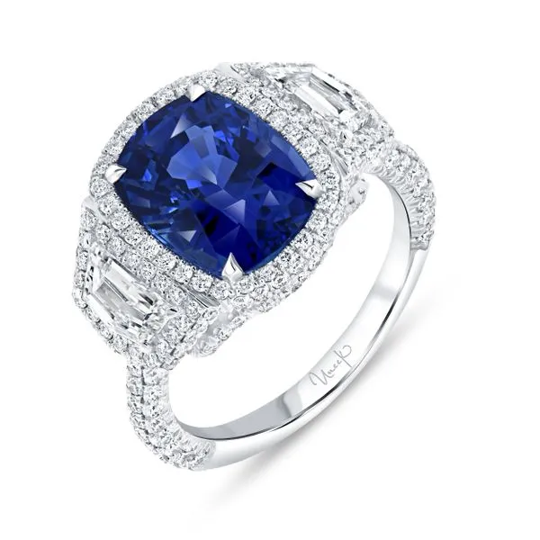 Uneek Precious Collection 3-Stone-Halo Cushion Blue Sapphire Engagement Ring Mystique Jewelers Alexandria, VA