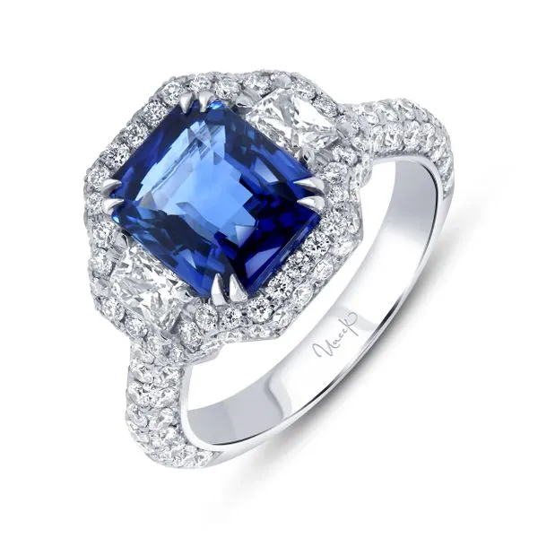 Uneek Precious Collection 3-Stone-Halo Emerald Blue Sapphire Engagement Ring Diamond Source Jewelers Greenwood Village, CO
