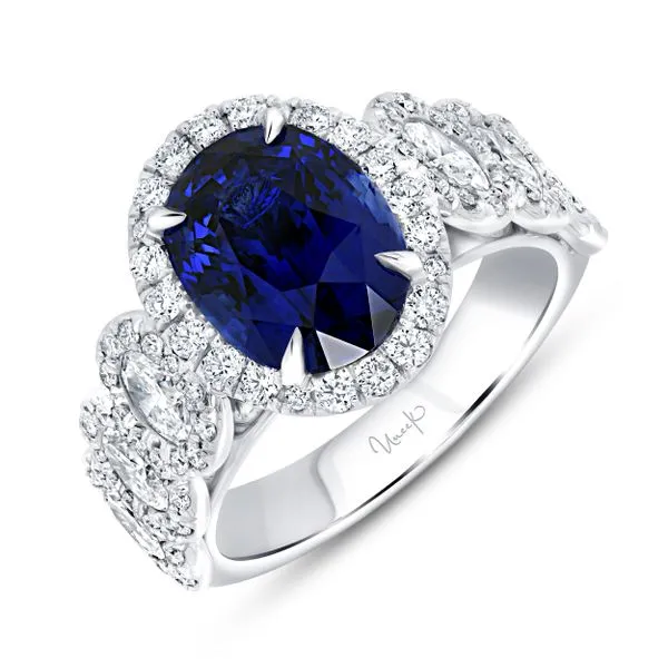 Uneek Precious Collection Halo Oval Blue Sapphire Engagement Ring Diamond Source Jewelers Greenwood Village, CO