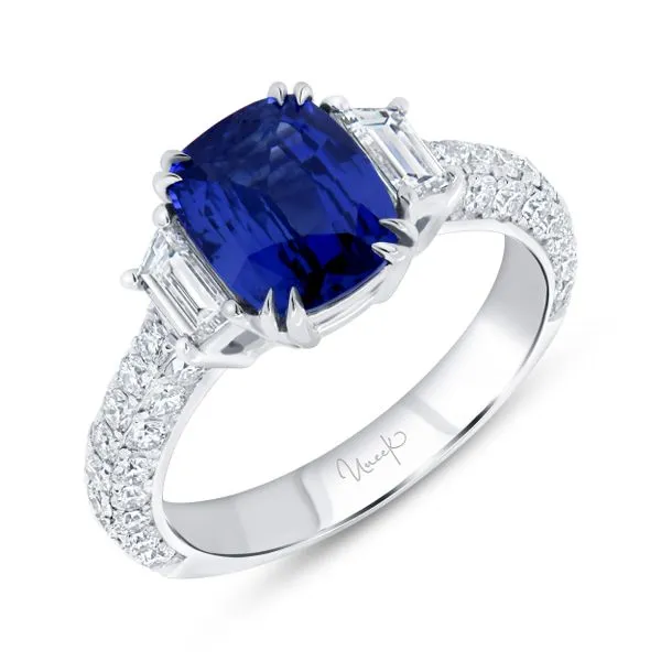 Uneek Precious Collection Three-Stone Cushion Blue Sapphire Engagement Ring Diamond Source Jewelers Greenwood Village, CO
