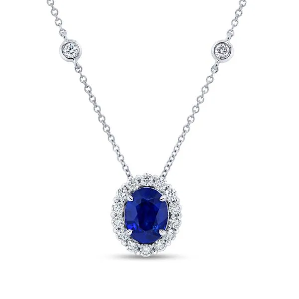 Uneek Precious Collection Halo Oval Blue Sapphire Drop Pendant Quest Fine Jewelers Fairfax, VA