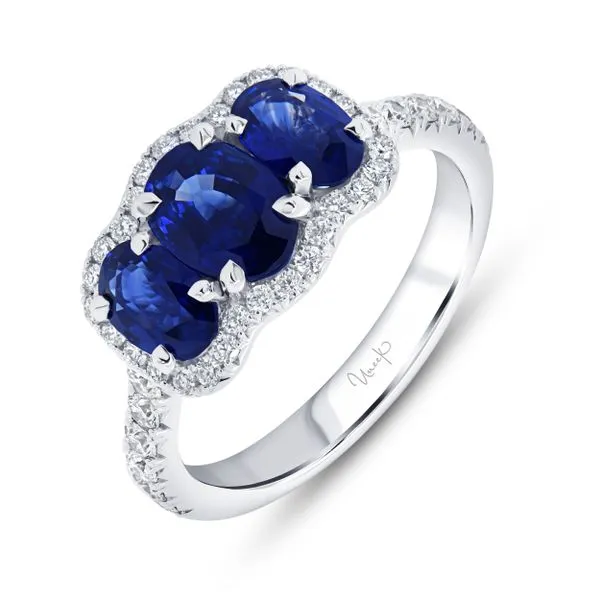 Uneek Precious Collection 3-Stone-Halo Oval Blue Sapphire Anniversary Ring Diamond Source Jewelers Greenwood Village, CO