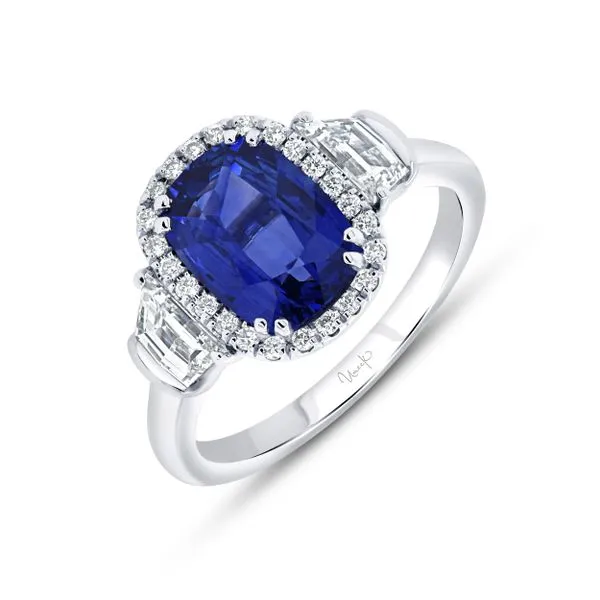 Uneek Precious Collection 3-Stone-Halo Cushion Blue Sapphire Engagement Ring Quest Fine Jewelers Fairfax, VA