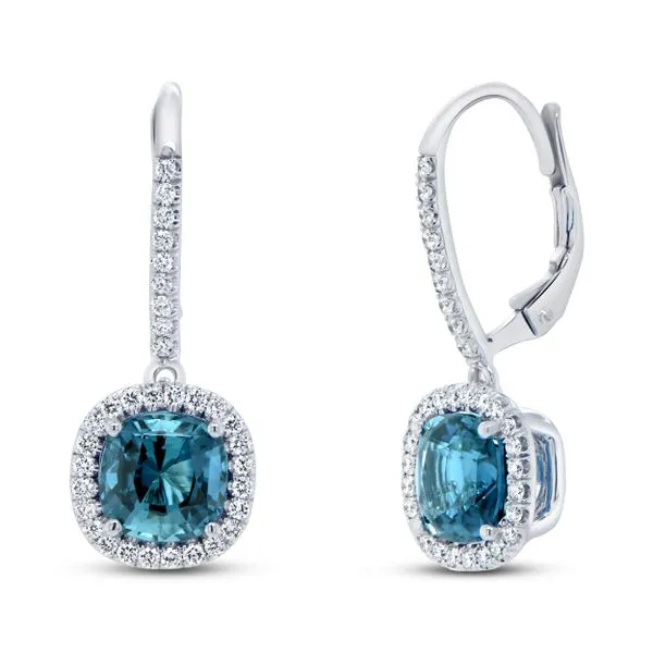 Uneek Precious Collection Halo Cushion Indicolite Tourmaline Drop Earrings Diamond Source Jewelers Greenwood Village, CO
