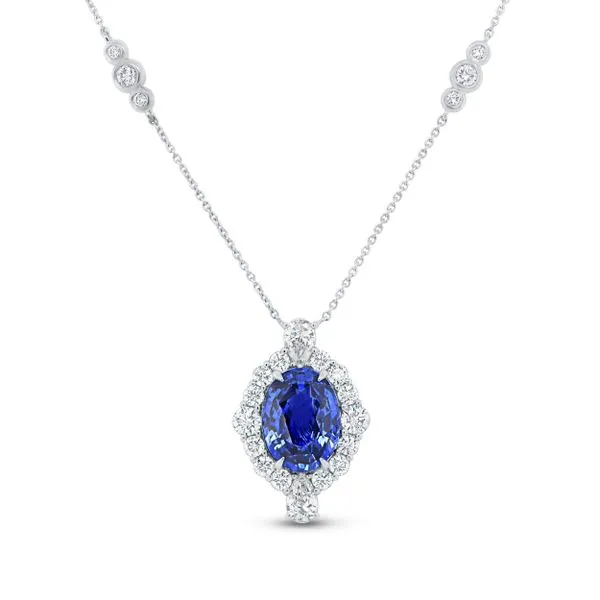 Uneek Precious Collection Halo Oval Blue Sapphire Drop Pendant Diamond Source Jewelers Greenwood Village, CO