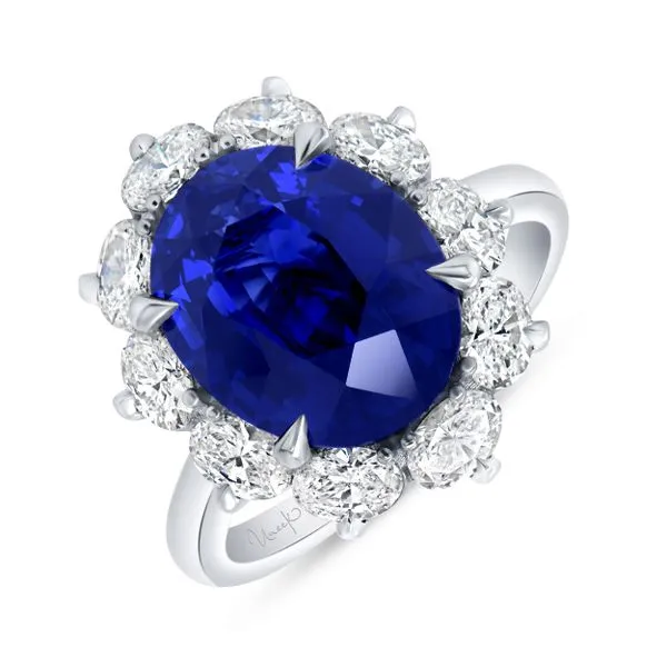 Uneek Precious Collection Halo Oval Blue Sapphire Engagement Ring Mystique Jewelers Alexandria, VA