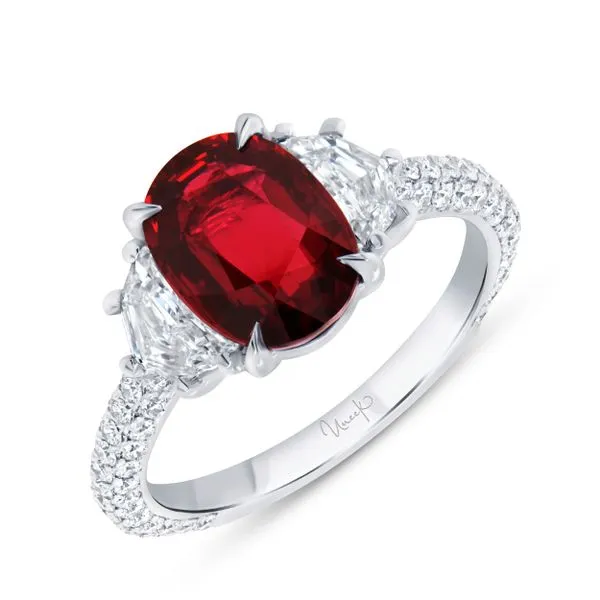 Uneek Precious Collection Three-Stone Oval Ruby Engagement Ring Quest Fine Jewelers Fairfax, VA