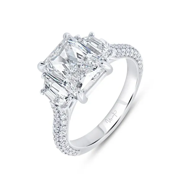 Uneek Signature Collection Three-Stone Radiant Diamond Engagement Ring Mystique Jewelers Alexandria, VA