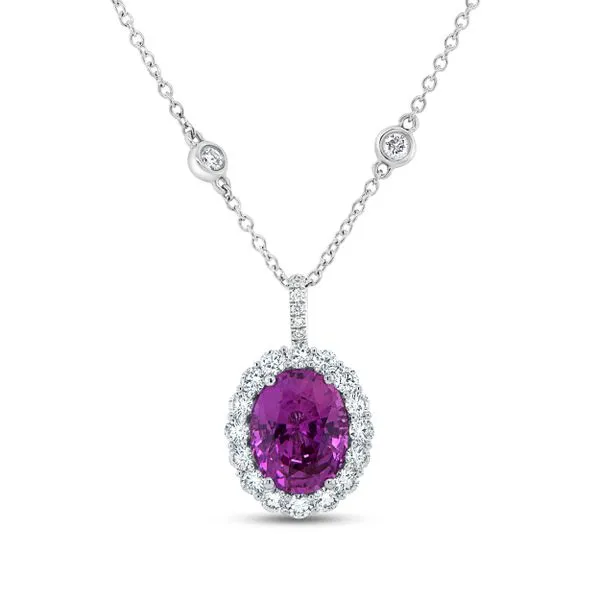 Uneek Precious Collection Halo Oval Pink Sapphire Drop Pendant Mystique Jewelers Alexandria, VA