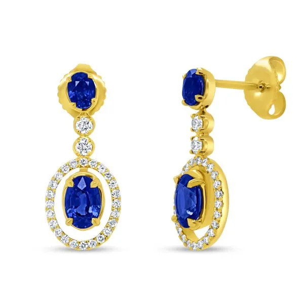 Uneek Precious Collection Halo Oval Blue Sapphire Dangle Earrings Diamond Source Jewelers Greenwood Village, CO