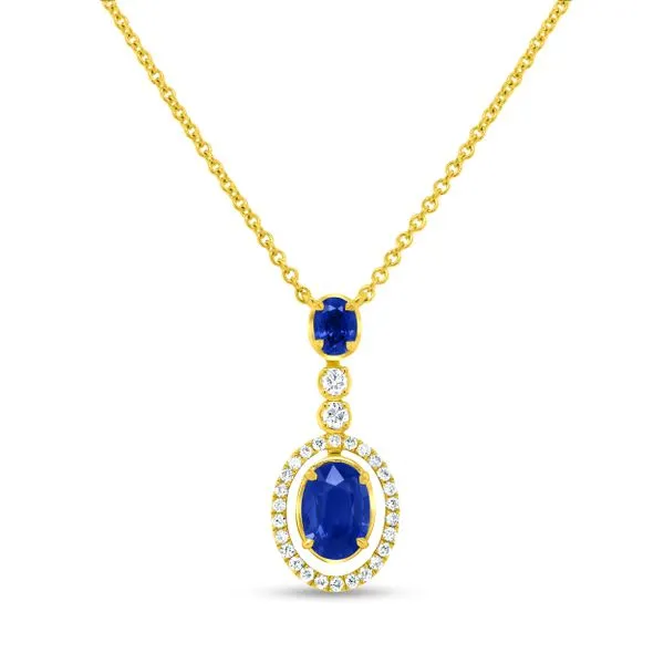 Uneek Precious Collection Halo Oval Blue Sapphire Drop Pendant Diamond Source Jewelers Greenwood Village, CO