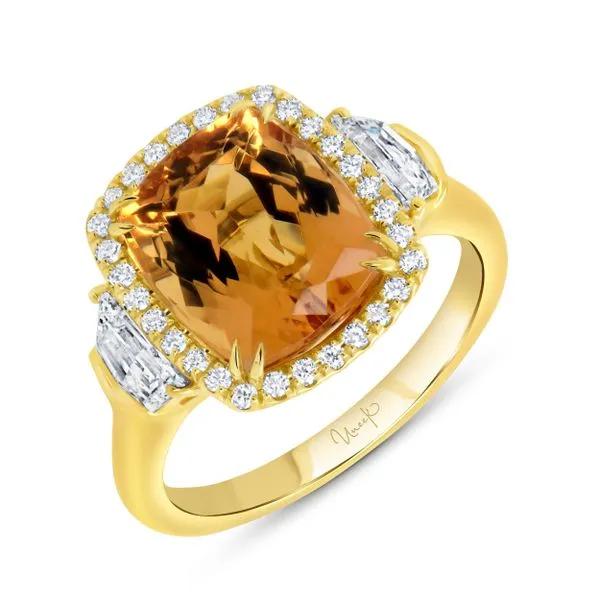 Uneek Precious Collection 3-Stone-Halo Cushion Topaz Engagement Ring Mystique Jewelers Alexandria, VA
