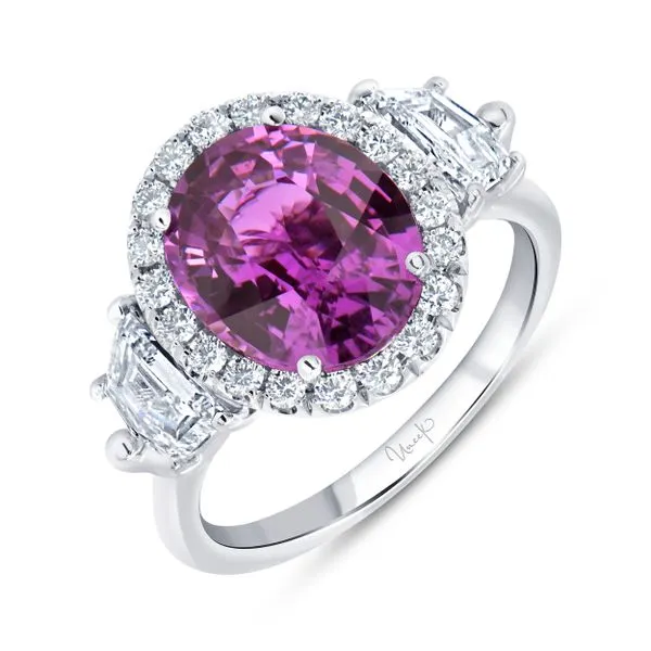 Uneek Precious Collection 3-Stone-Halo Oval Pink Sapphire Engagement Ring Quest Fine Jewelers Fairfax, VA