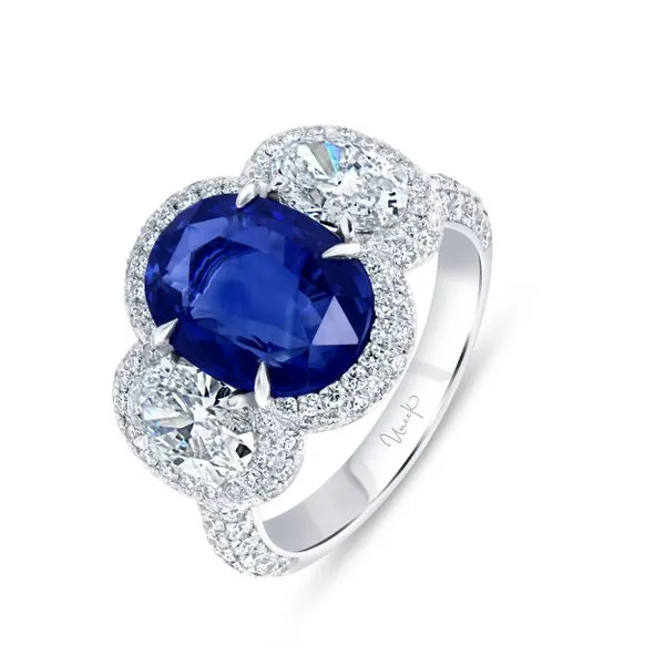 Uneek Precious Collection 3-Stone-Halo Oval Blue Sapphire Engagement Ring Quest Fine Jewelers Fairfax, VA