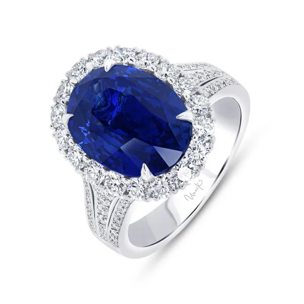 Uneek Precious Collection Halo Oval Blue Sapphire Engagement Ring Diamond Source Jewelers Greenwood Village, CO