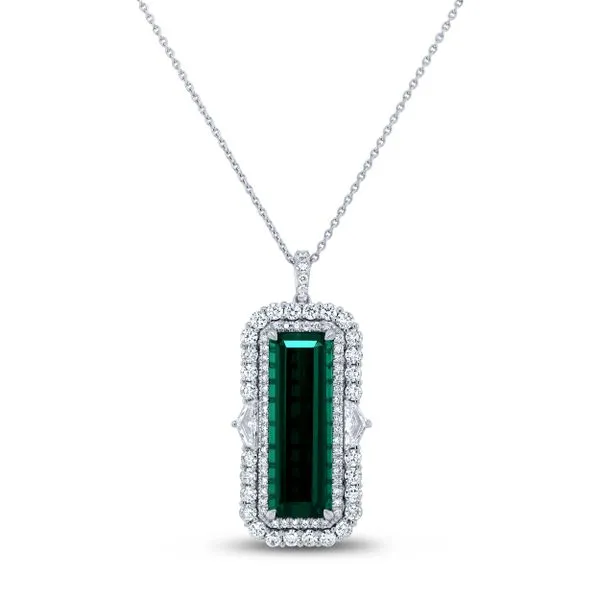 Uneek Precious Collection Double-Halo Emerald Green Tourmaline Drop Pendant Diamond Source Jewelers Greenwood Village, CO