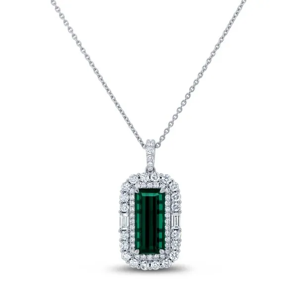 Uneek Precious Collection Halo Emerald Green Tourmaline Drop Pendant Diamond Source Jewelers Greenwood Village, CO
