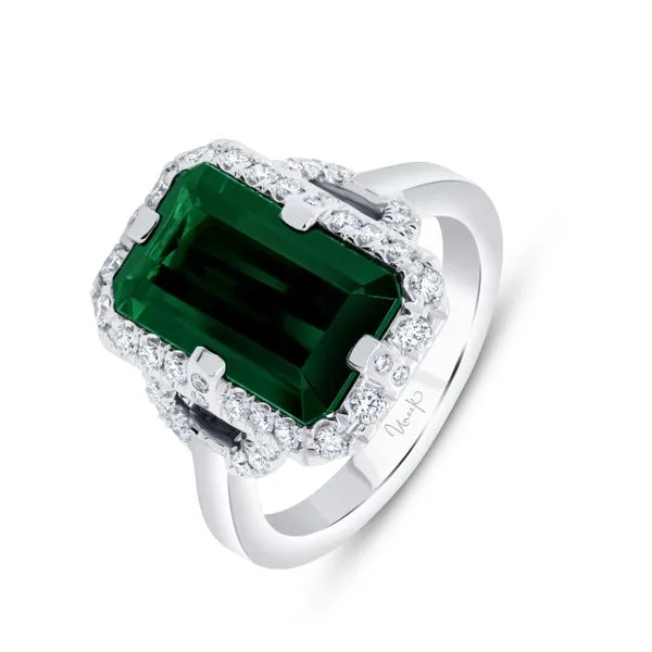 Uneek Precious Collection Halo Emerald Green Tourmaline Engagement Ring Diamond Source Jewelers Greenwood Village, CO
