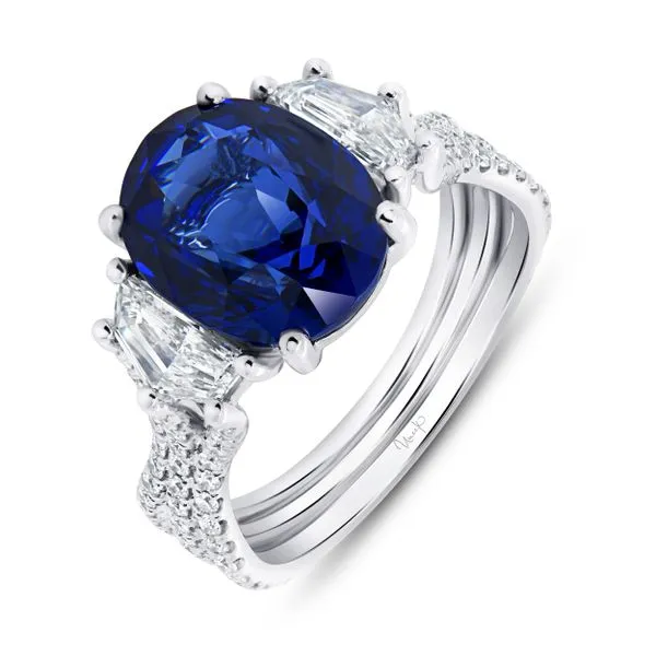 Uneek Precious Collection Three-Stone Oval Blue Sapphire Engagement Ring Aires Jewelers Morris Plains, NJ