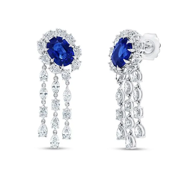Uneek Precious Collection Halo Oval Blue Sapphire Chandelier Earrings Diamond Source Jewelers Greenwood Village, CO