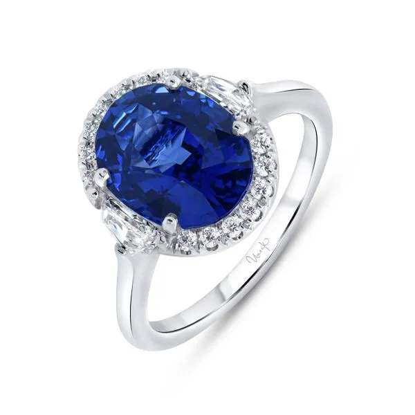 Uneek Precious Collection 3-Stone-Halo Oval Blue Sapphire Engagement Ring Quest Fine Jewelers Fairfax, VA