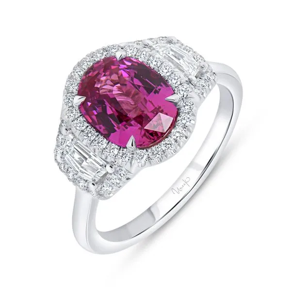 Uneek Precious Collection 3-Stone-Halo Oval Pink Sapphire Engagement Ring Diamond Source Jewelers Greenwood Village, CO