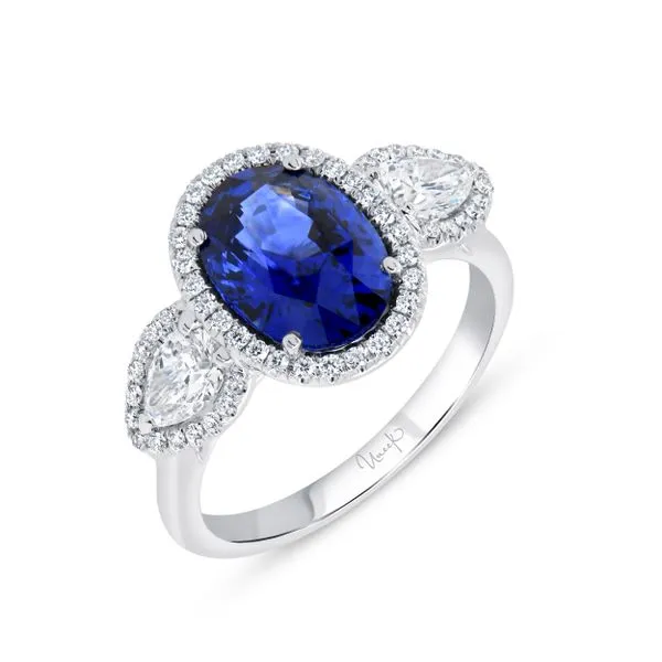 Uneek Precious Collection 3-Stone-Halo Oval Blue Sapphire Engagement Ring Mystique Jewelers Alexandria, VA