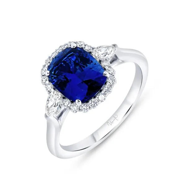 Uneek Precious Collection 3-Stone-Halo Cushion Blue Sapphire Engagement Ring Quest Fine Jewelers Fairfax, VA