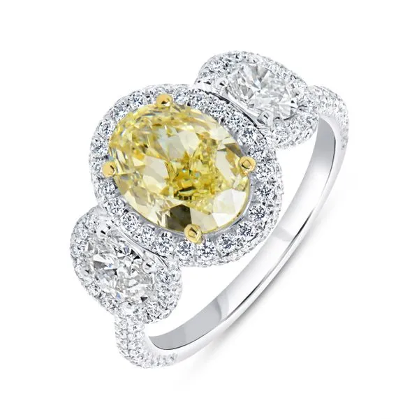 Uneek Natureal Collection 3-Stone-Halo Oval Fancy Light Yellow Diamond Engagement Ring Quest Fine Jewelers Fairfax, VA