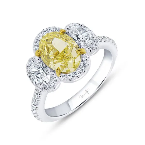 Uneek Natureal Collection 3-Stone-Halo Oval Fancy Light Yellow Diamond Engagement Ring Diamond Source Jewelers Greenwood Village, CO