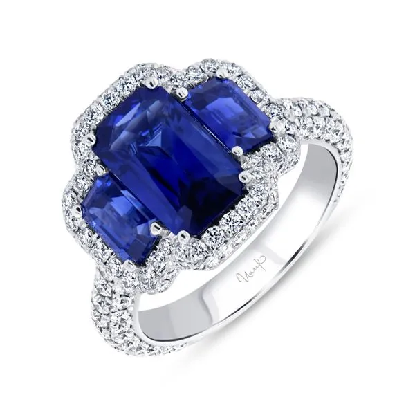Uneek Precious Collection 3-Stone-Halo Emerald Blue Sapphire Engagement Ring Diamond Source Jewelers Greenwood Village, CO
