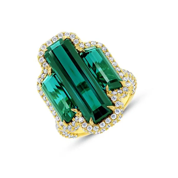 Uneek Precious Collection 3-Stone-Halo Emerald Green Tourmaline Engagement Ring Quest Fine Jewelers Fairfax, VA