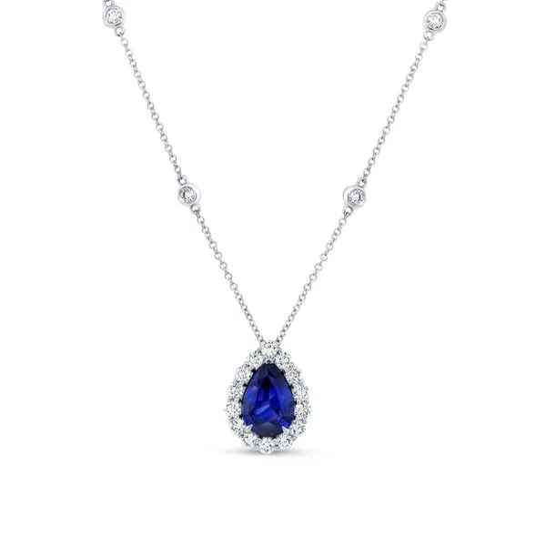 Uneek Precious Collection Halo Pear Blue Sapphire Drop Pendant Diamond Source Jewelers Greenwood Village, CO