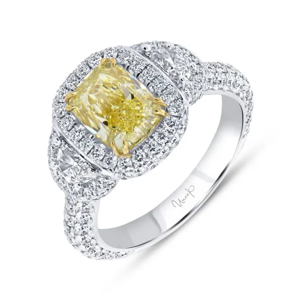 Uneek Natureal Collection 3-Stone-Halo Cushion Fancy Light Yellow Diamond Engagement Ring Quest Fine Jewelers Fairfax, VA
