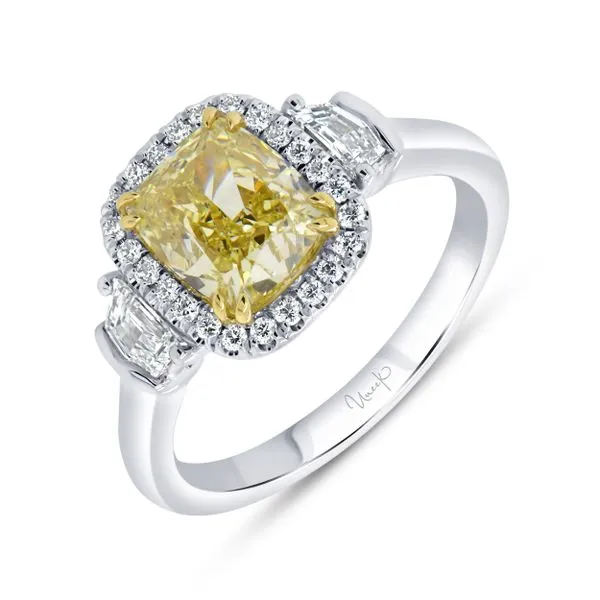 Uneek Natureal Collection Three-Stone Cushion Fancy Yellow Diamond Engagement Ring Mystique Jewelers Alexandria, VA