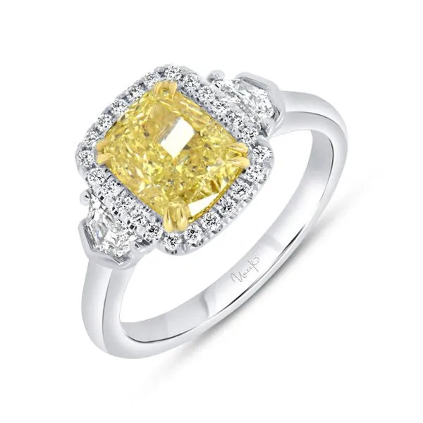 Uneek Natureal Collection Three-Stone Cushion Fancy Yellow Diamond Engagement Ring Mystique Jewelers Alexandria, VA