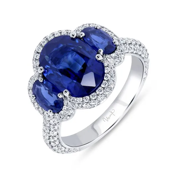 Uneek Precious Collection 3-Stone-Halo Oval Blue Sapphire Engagement Ring Mystique Jewelers Alexandria, VA