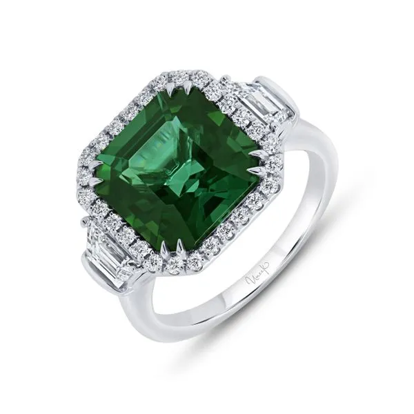 Uneek Precious Collection 3-Stone-Halo Asscher Green Tourmaline Engagement Ring Mystique Jewelers Alexandria, VA