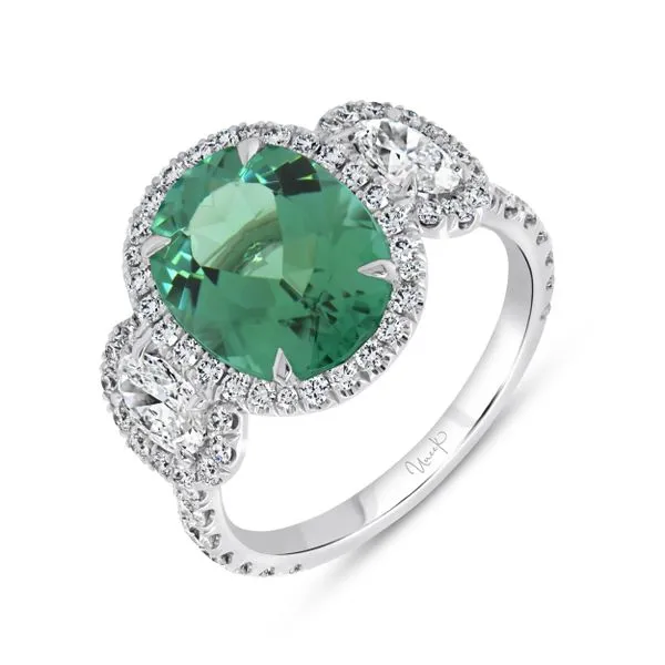 Uneek Precious Collection 3-Stone-Halo Oval Green Tourmaline Engagement Ring Aires Jewelers Morris Plains, NJ
