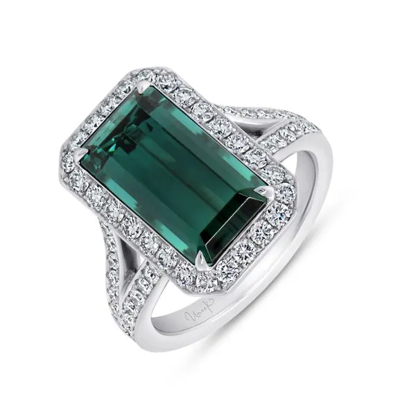 Uneek Precious Collection Halo Emerald Green Tourmaline Engagement Ring Mystique Jewelers Alexandria, VA