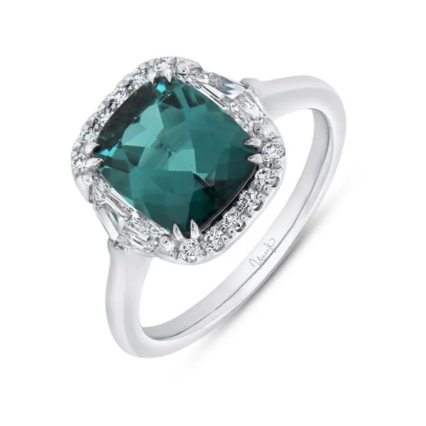 Uneek Precious Collection 3-Stone-Halo Cushion Green Tourmaline Engagement Ring Quest Fine Jewelers Fairfax, VA