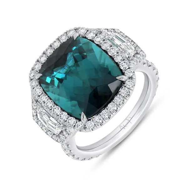 Uneek Precious Collection 3-Stone-Halo Cushion Green Tourmaline Engagement Ring Mystique Jewelers Alexandria, VA