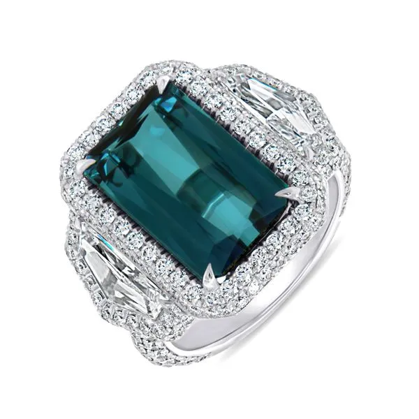 Uneek Precious Collection 3-Stone-Halo Emerald Green Tourmaline Engagement Ring Quest Fine Jewelers Fairfax, VA
