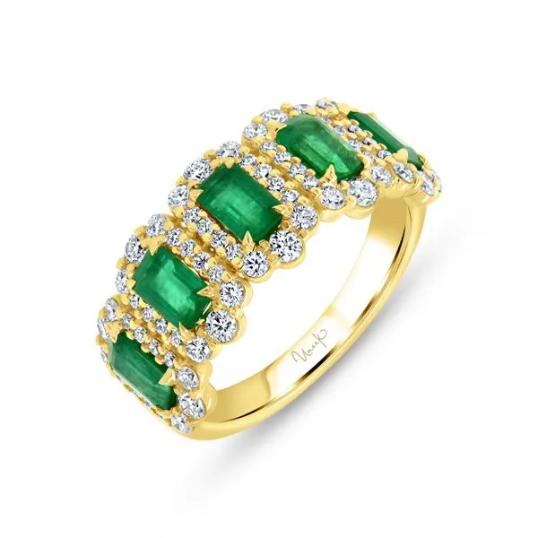 Uneek Petals Collection 5-Stone-Halo Emerald Green Diamond Anniversary Ring Tracy Jewelers Spokane, WA
