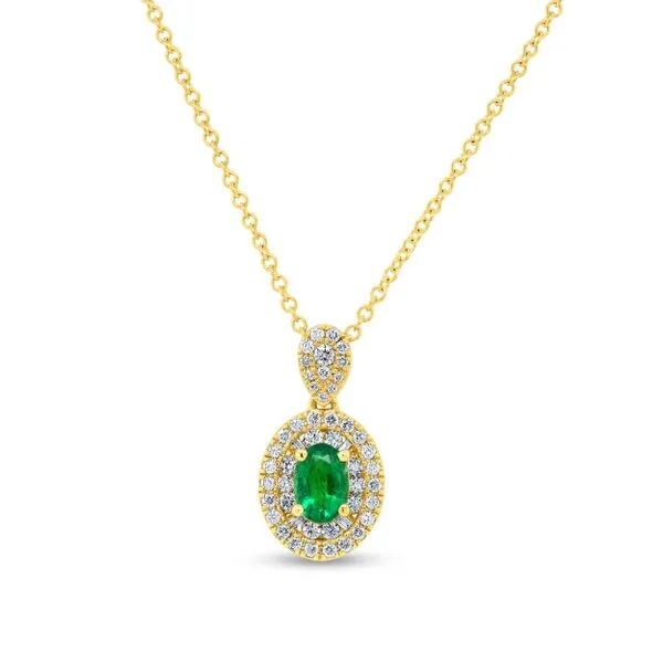 Uneek Precious Collection Halo Oval Emerald Drop Pendant Diamond Source Jewelers Greenwood Village, CO
