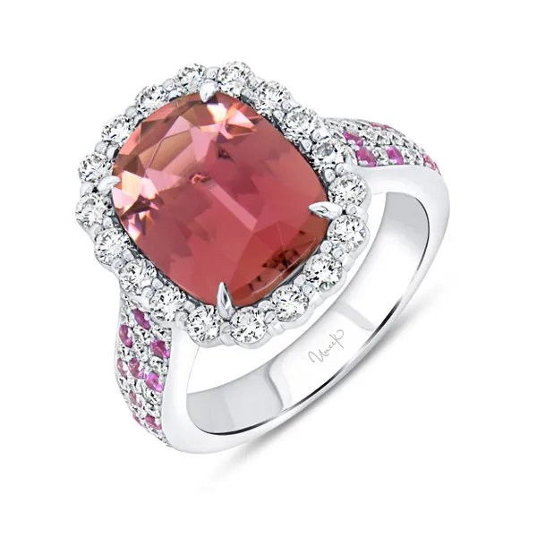 Uneek Precious Collection Halo Pink Tourmaline Engagement Ring Diamond Source Jewelers Greenwood Village, CO