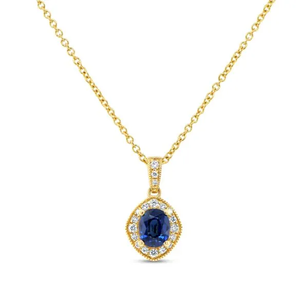 Uneek Precious Collection Halo Oval Blue Sapphire Drop Pendant Quest Fine Jewelers Fairfax, VA