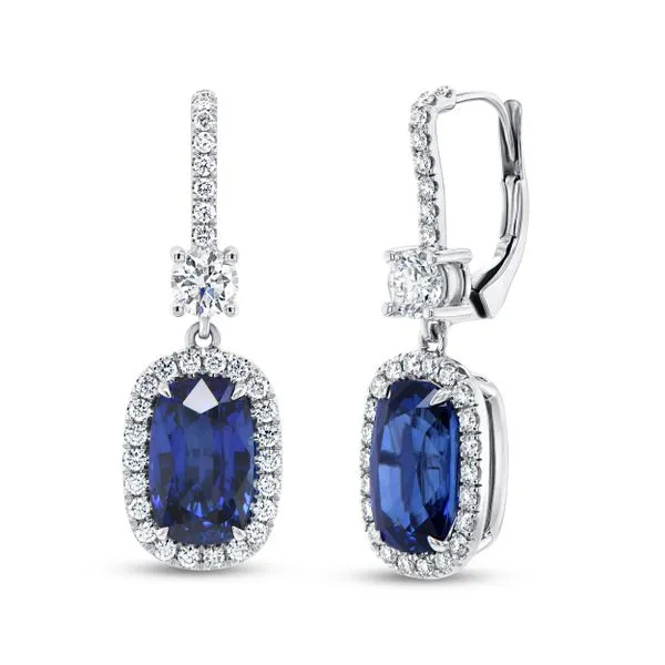 Uneek Precious Collection Halo Blue Sapphire Drop Earrings Diamond Source Jewelers Greenwood Village, CO