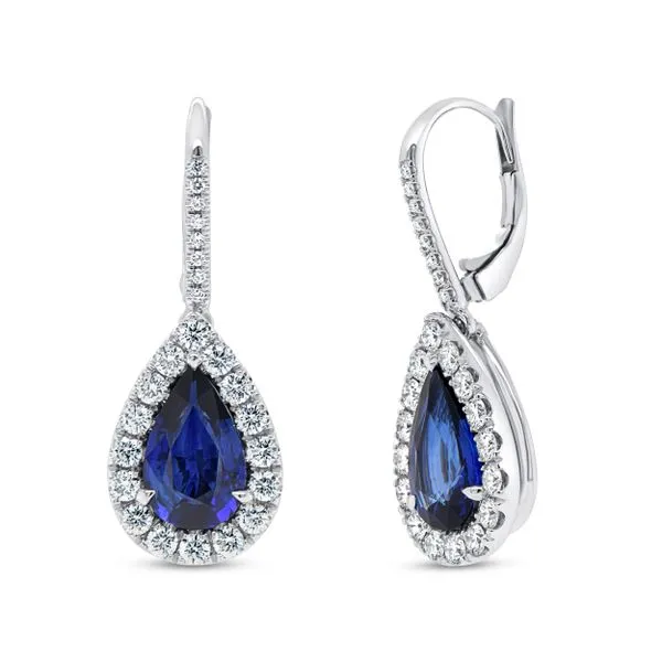 Uneek Precious Collection Halo Blue Sapphire Drop Earrings Diamond Source Jewelers Greenwood Village, CO