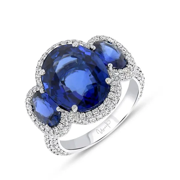 Uneek Precious Collection 3-Stone-Halo Blue Sapphire Engagement Ring Aires Jewelers Morris Plains, NJ